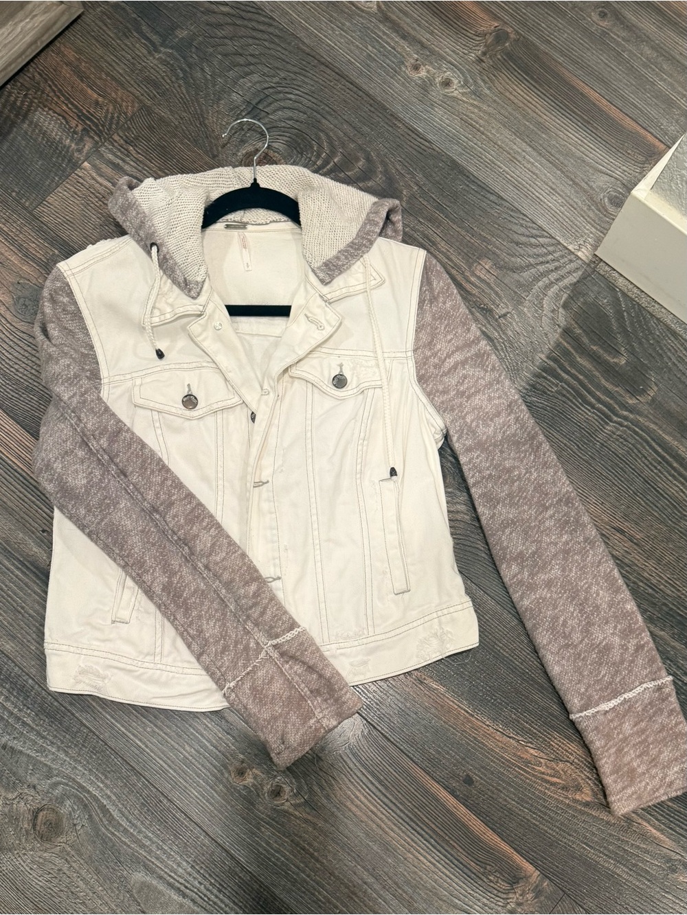 Free People Cream Denim Body Jacket with grey Knit Hood & Sleeves